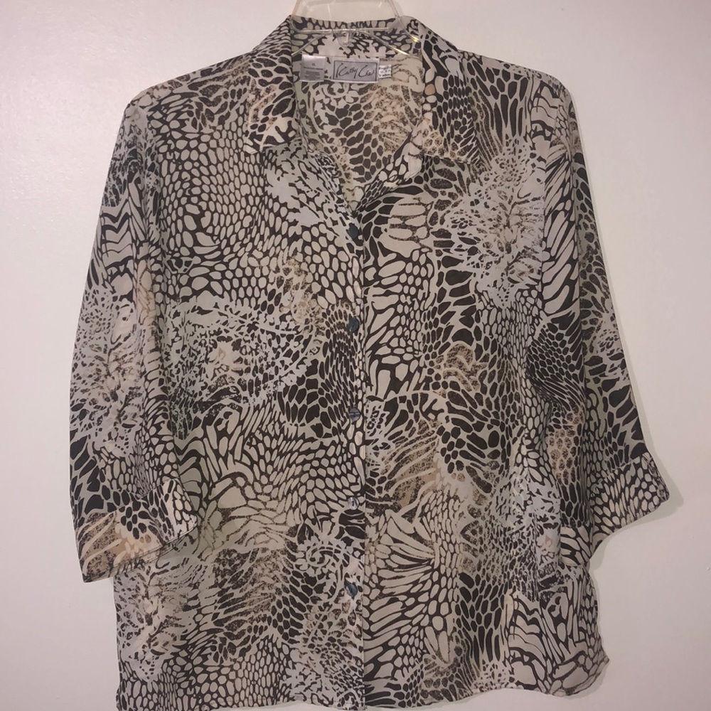 Kathy Che Vintage Semi Sheer 3/4 Sleeve Button Down Blouse